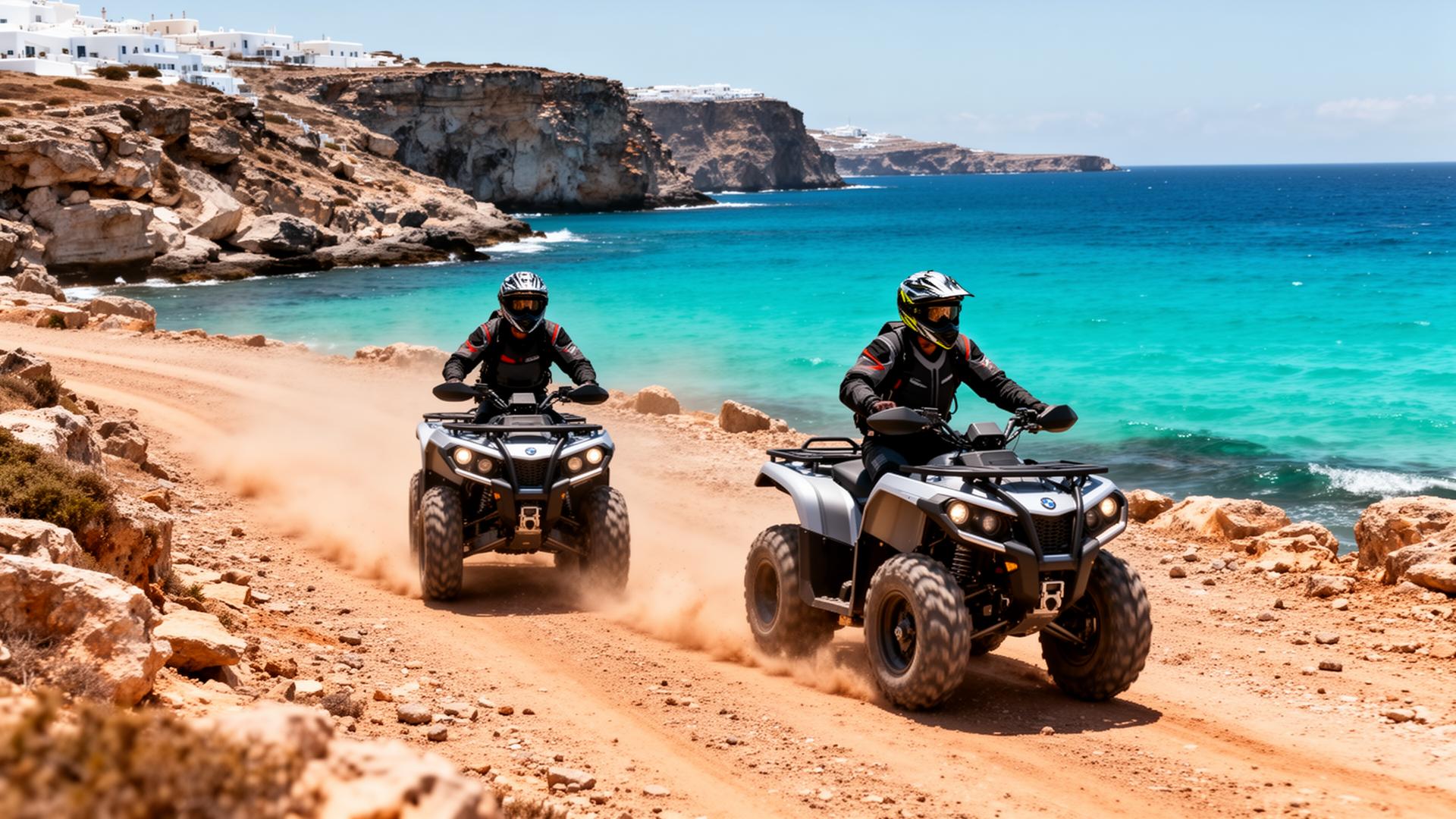 ATV quads σε ακτή με τιρκουάζ νερά της Μυκόνου