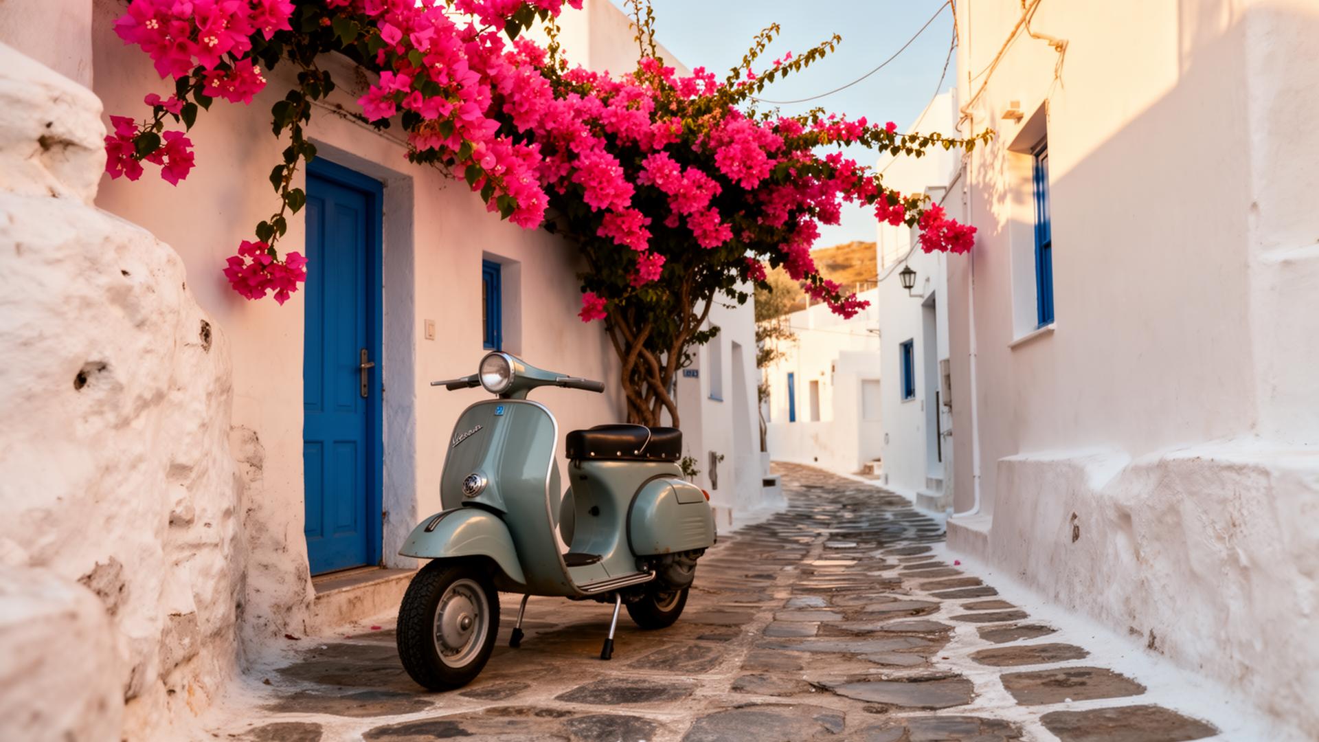 Vintage Vespa σε γραφικό σοκάκι με μπουκαμβίλιες στην Πάρο