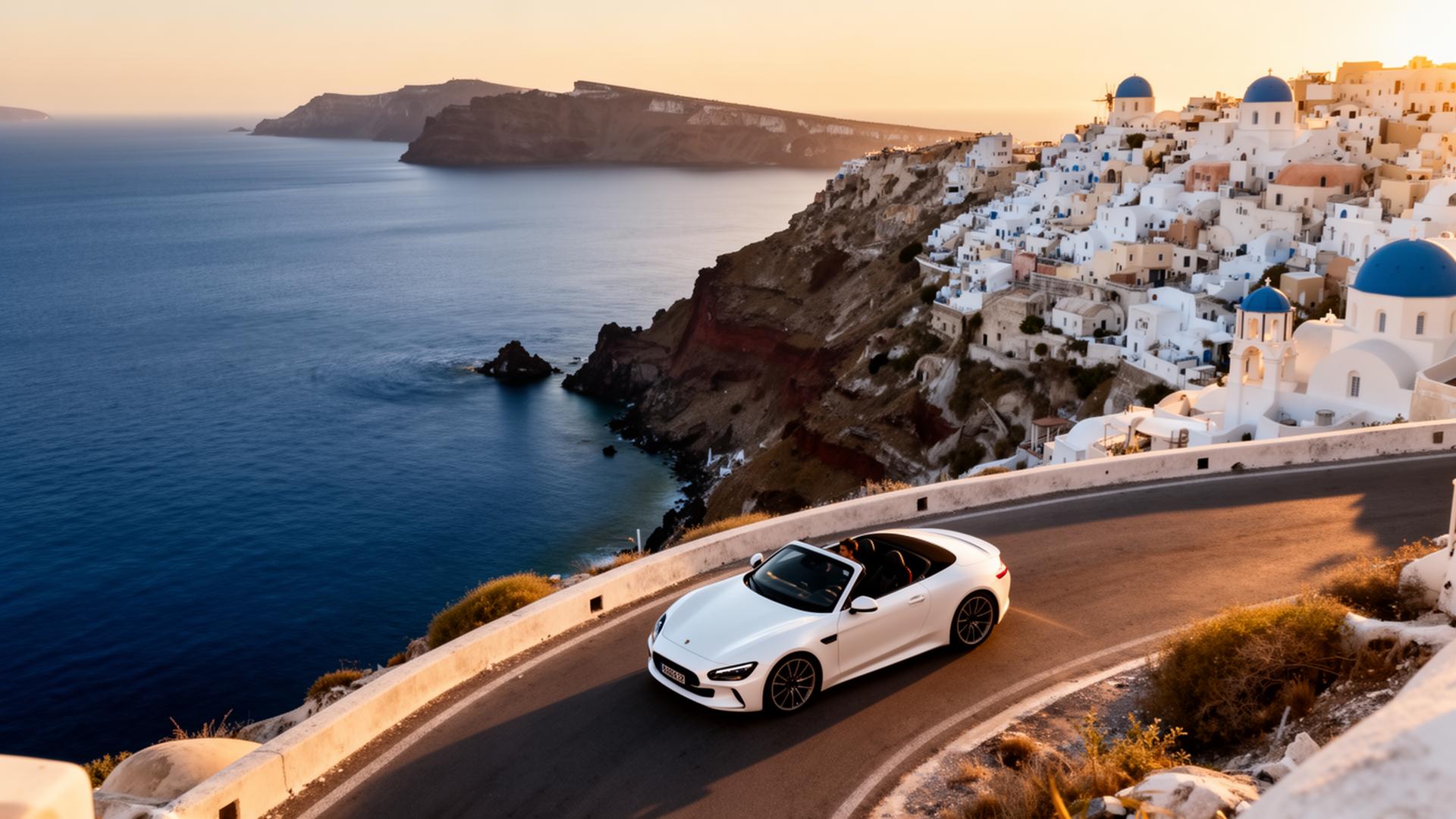 Λευκό cabrio αμάξι σε δρόμο της Σαντορίνης με θέα στο Αιγαίο